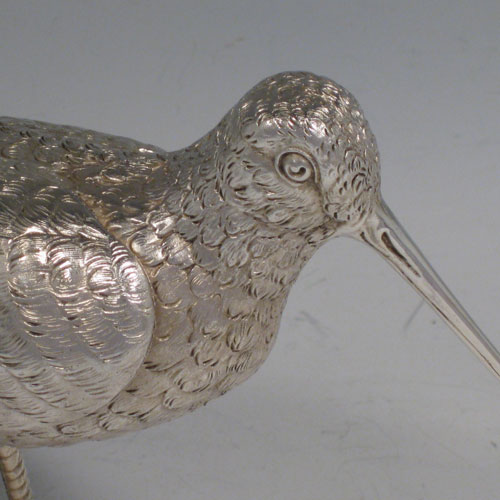 Sterling silver snipe. A solid cast model of a Snipe made in London in 2007. The dimensions of this sterling silver snipe are length 15 cms (6 inches), height 11 cms (4.25 inches). Weight approx. 331g (10.7 troy ounces).