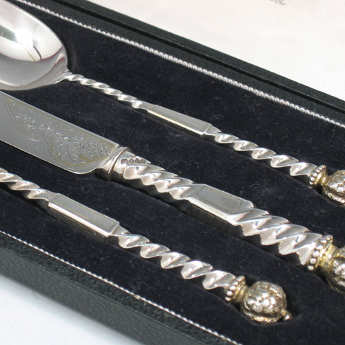 Antique Victorian heavy sterling silver christening set, having a knife, fork, and spoon, all with with cast twisted handles, together with hand-engraved floral decoration, and all sitting in their original satin and velvet-lined presentation box. Made by the most important cutler from the Victorian period, George Adams of London in 1866. The dimensions of this fine hand-made silver christening set are length of knife 20 cms (8 inches), with a total weight of approx. 165g (5.3 troy ounces).