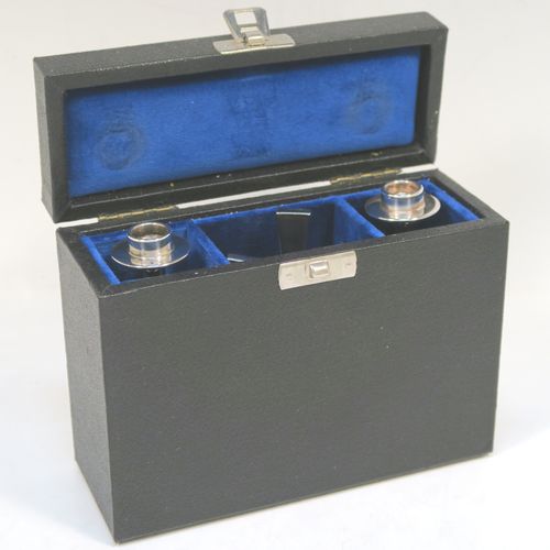 An unusual Silver Plated communion set consisting of two small candlesticks and an altar cross, all in their original dark blue velvet-lined presentation box. All three pieces are hand-made cast and then silver-plated so very durable, and made in the 1950s. The dimensions of this fine hand-made silver-plated travelling communion set are height of altar cross 10 cms (4 inches), diameter of candlesticks 3.5 cms (1.3 inches).   