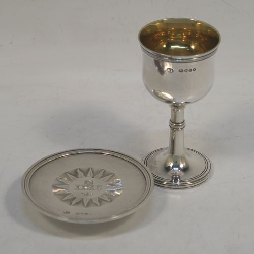 A handsome Antique Victorian Sterling Silver two-piece travelling communion set consisting of a chalice with gold-gilt interior, and a paten, both with plain round bodies and having applied reeded borders. This beautiful travelling communion set was made by William Summers of London in 1868. The dimensions of this fine antique silver travelling communion set are height of chalice 8 cms (3 inches), diameter of paten 6.5 cms (2.5 inches), and with a total weight of approx. 73g (2.3 troy ounces). Please note that both these items have hand engraved christograms.  