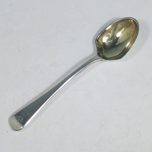 A rare Antique Georgian Sterling Silver set of six egg condiment spoons, in the Old English pattern, having plain handles with a pip on the reverse, and with original gold-gilt bowls. All made by William Eley, William Fearn & William Chawner of London in 1811. The dimensions of these fine hand-made antique silver egg spoons are length 12 cms (4.75 inches), and they weigh a total of approx. 125g (4 troy ounces). Please note that these are original egg spoons, not altered teaspoons. Also please note that they are all crested.   