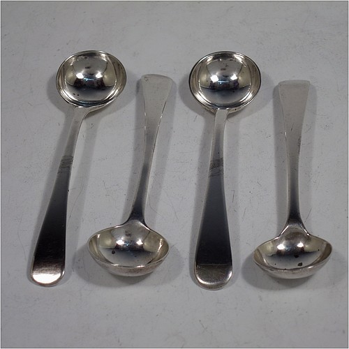 An Antique Georgian Sterling Silver set of four salt spoons, in the Old English pattern. All made by Thomas James of London in 1809. The dimensions of these fine hand-made antique silver salt spoons are length 10 cms (4 inches), and they weigh a total of approx. 37g (1.2 troy ounces).