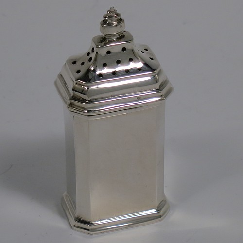 A Sterling Silver Art Deco ten piece condiment service, having octagonal straight-sided bodies, with original blue-glass liners, pull-off lids on the peppers, hinged lids on the mustards, and all in original green velvet and cream satin-lined presentation box. Consisting of two mustard pots, four pepper pots, four salt cellars, and six condiment spoons. Made by Edward and Sons of Birmingham in 1927. The dimensions of this fine hand-made sterling silver condiment service are height of peppers 7 cms (2.75 inches), length of mustard 6.5 cms (2.5 inches), and a total weight of approx. 323g (10.4 troy ounces). Please note that the silver condiment spoons are hallmarked new.