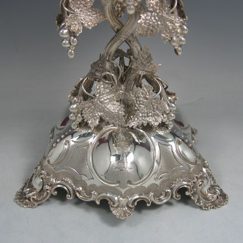 Antique Victorian sterling silver pair of compote/dessert stands with grape vine work, made by C. J. Vander of London in 1878 (Crested). Height 31 cms.