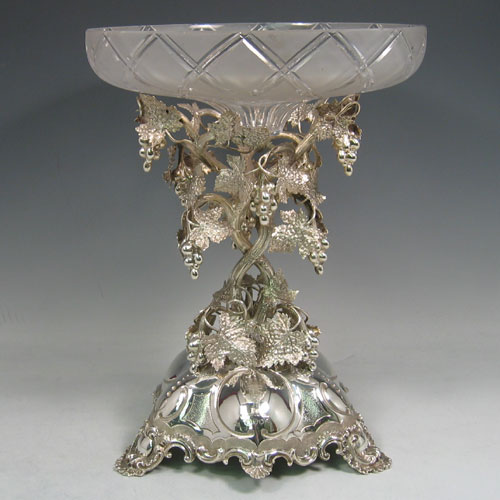 Antique Victorian sterling silver pair of compote/dessert stands with grape vine work, made by C. J. Vander of London in 1878 (Crested). Height 31 cms.