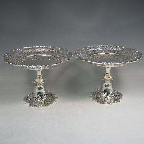    Edwardian sterling silver pair of dessert stands, made by Walker & Hall of Sheffield in 1910. Height 15.5 cms.