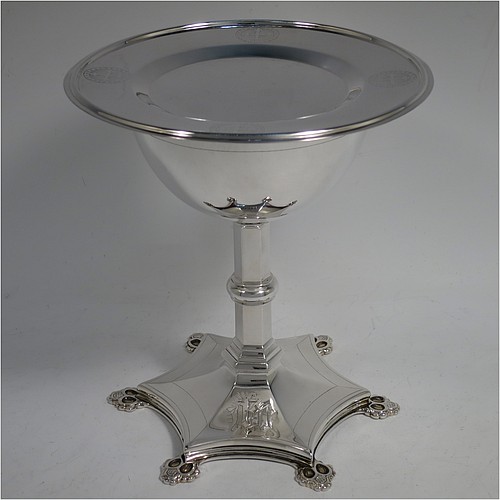 An Antique Victorian Sterling Silver altar chalice, having a plain round bellied cup, a hexagonal column with a middle baluster, and a spreading hexafoil pedestal foot. The chalice made by the Barnard Brothers of London in 1857. The dimensions of this fine hand-made antique silver chalice is height 16.5 cms (6.5 inches) with a total weight of approx. 465g (15 troy ounces). Please note that the chalice is engraved with a christogram.