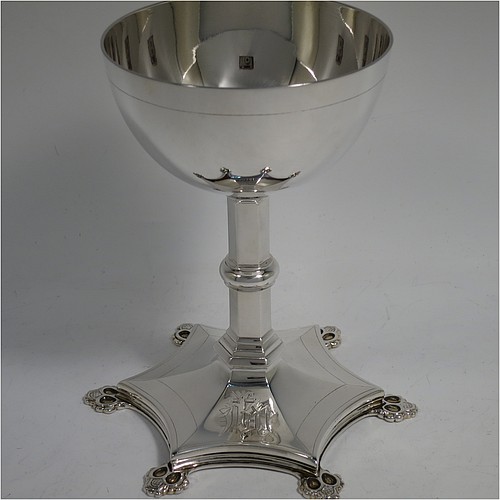 An Antique Victorian Sterling Silver altar chalice, having a plain round bellied cup, a hexagonal column with a middle baluster, and a spreading hexafoil pedestal foot. The chalice made by the Barnard Brothers of London in 1857. The dimensions of this fine hand-made antique silver chalice is height 16.5 cms (6.5 inches) with a total weight of approx. 465g (15 troy ounces). Please note that the chalice is engraved with a christogram.