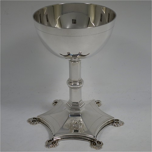 A very handsome Antique Victorian Sterling Silver altar chalice, having a plain round bellied cup, a hexagonal column with a middle baluster, and sitting on a spreading hexafoil pedestal foot. Made by the Barnard Brothers of London in 1857. The dimensions of this fine hand-made antique silver chalice is height 16 cms (6.3 inches), diameter of cup 10 cms (4 inches), and it weighs approx. 328g (10.6 troy ounces). Please note that this item is engraved with a christogram.