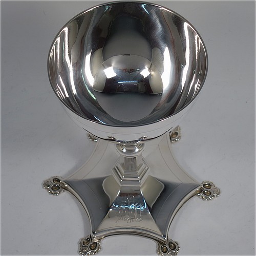 A very handsome Antique Victorian Sterling Silver altar chalice, having a plain round bellied cup, a hexagonal column with a middle baluster, and sitting on a spreading hexafoil pedestal foot. Made by the Barnard Brothers of London in 1857. The dimensions of this fine hand-made antique silver chalice is height 16 cms (6.3 inches), diameter of cup 10 cms (4 inches), and it weighs approx. 328g (10.6 troy ounces). Please note that this item is engraved with a christogram.