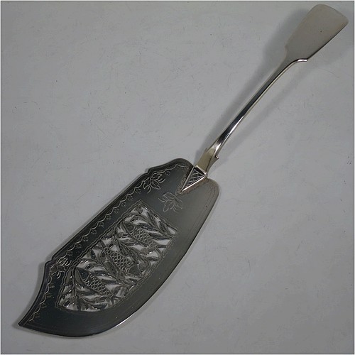 A very pretty and rare Antique Victorian Sterling Silver fish server slice, in the Fiddle pattern with an asymmetrical curved blade, having hand-engraved floral decoration together with hand-pierced fish and acorn work. Made by William Knight of London in 1845. The dimensions of this fine hand-made antique silver fish serving slice are length 30.5 cms (12 inches), and it weighs approx. 112g (3.6 troy ounces).
	   