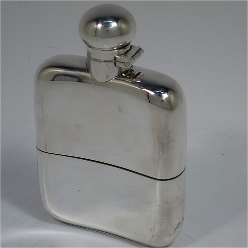 A very handsome Antique Sterling Silver whisky hip flask, having a plain shaped rectangular body with rounded shoulders, a bayonet-fit lid, and a pull-off cup with gold-gilt interior. Made by G. and J. W. Hawksley of Birmingham in 1911. The dimensions of this fine hand-made antique silver whisky flask are length 12 cms (4.75 inches), width 7.5 cms (3 inches), depth 2.5 cms (1 inch), and it weighs approx. 187g (6 troy ounces).   