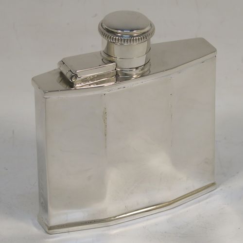 A very elegant Sterling Silver Art Deco style whisky flask, having a plain square panelled body, plain flat shoulders and sides, and a hinged and bayonet-fit lid with knurled top. This handsome silver flask was made by William Base and Sons of Birmingham in 1928. The dimensions of this fine hand-made silver whisky hip flask are height 7.5 cms (3 inches), width 7 cms (2.75 inches), depth 2 cms (0.75 inch), and it weighs approx. 70g (2.3 troy ounces).  