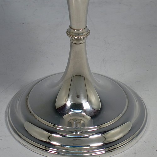 An Antique Victorian Sterling Silver goblet, having a plain round tapering body, and sitting on a pedestal foot with an applied beaded band, and a gold-gilt interior. Made by Elkington & Co., of Birmingham in 1892. The dimensions of this fine hand-made antique silver goblet are height 16.5 cms (6.5 inches), diameter at lip 8.5 cms (3.3 inches), and it weighs approx. 153g (5 troy ounces).   