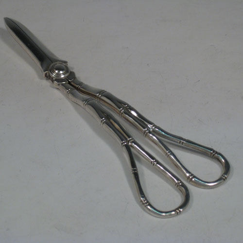 Antique Victorian sterling silver pair of grape shears in a bamboo-style pattern. Made by Henry Atkins of Sheffield in 1896. The dimensions of this fine pair of hand-made grape shears are length 17.5 cms (7 inches), and they weigh approx. 101g (3.3 troy ounces).