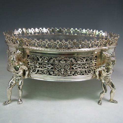 Antique Victorian silver-plated large jardinière, pierced with 'blackamoore' feet., made in ca. 1880. Length 44 cms, width 28 cms, height 23 cms.