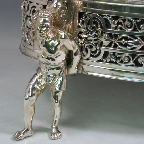 Antique Victorian silver-plated large jardinière, pierced with 'blackamoore' feet., made in ca. 1880. Length 44 cms, width 28 cms, height 23 cms.