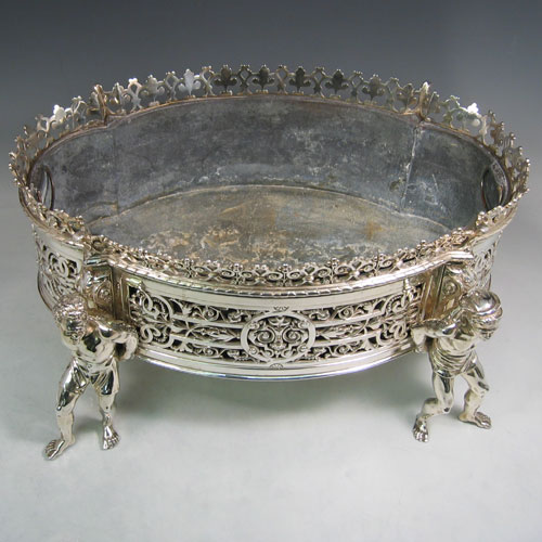 Antique Victorian silver-plated large jardinière, pierced with 'blackamoore' feet., made in ca. 1880. Length 44 cms, width 28 cms, height 23 cms.