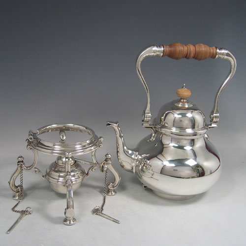 Sterling silver 'George I' style kettle on burner and stand, made in Birmingham 1930. Height 38 cms, length 21 cms.