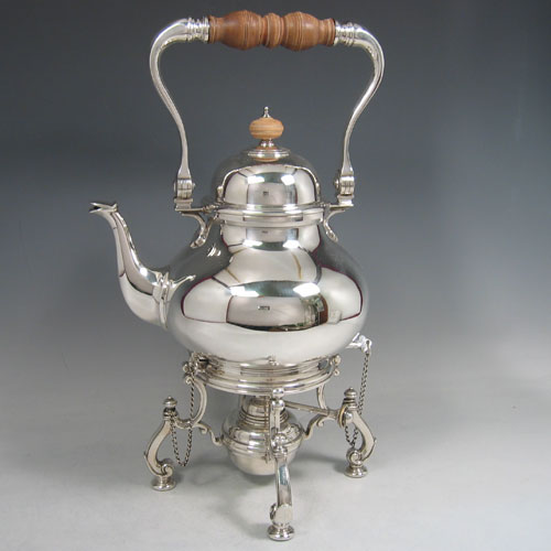 Sterling silver 'George I' style kettle on burner and stand, made in Birmingham 1930. Height 38 cms, length 21 cms.