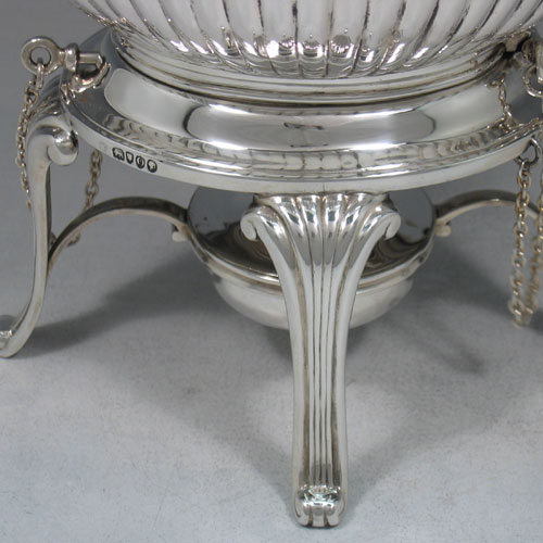 Antique Victorian sterling silver half-fluted kettle on burner and stand made by the Barnard Brothers of London in 1889. Height 36 cms, length 22 cms.