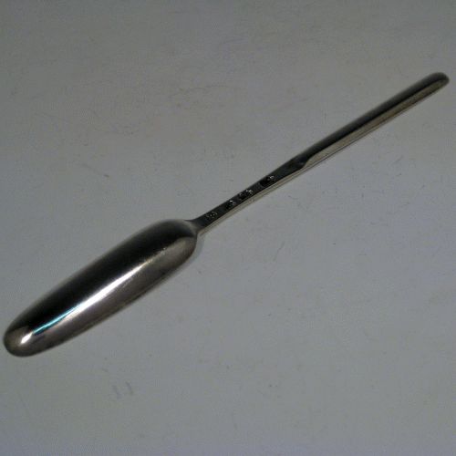 Antique Georgian sterling silver marrow scoop made by Ebenezer Coker of London in 1749. Length 20.5 cms (8 inches).