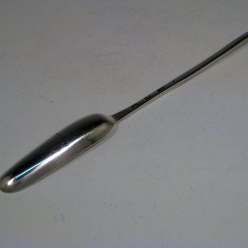 Antique Georgian sterling silver marrow scoop made in London in 1733. Length 22 cms (8.75 inches). Crested on back of larger scoop.