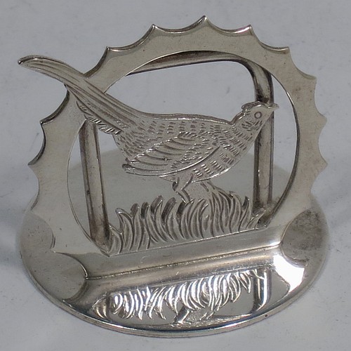 A very handsome Sterling Silver set of six place card holders, each one with either a hand-engraved stag deer or pheasant mounted in a pointed ring on a round base, and all in their original white satin and dark-blue velvet-lined presentation box. Made by J. A. Campbell of London in 1991. The dimensions of this fine set of silver place card holders are diameter of bases 3 cms (1.25 inches), height 3 cms (1.25 inches), and they weigh a total of approx. 79g (2.5 troy ounces).