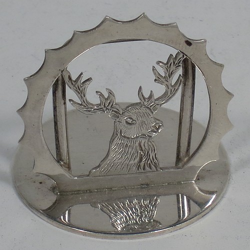 A very handsome Sterling Silver set of six place card holders, each one with either a hand-engraved stag deer or pheasant mounted in a pointed ring on a round base, and all in their original white satin and dark-blue velvet-lined presentation box. Made by J. A. Campbell of London in 1991. The dimensions of this fine set of silver place card holders are diameter of bases 3 cms (1.25 inches), height 3 cms (1.25 inches), and they weigh a total of approx. 79g (2.5 troy ounces).