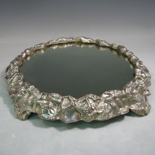 Antique Victorian cast silver-plated 'rock & floral' style mirror plateau made in ca. 1860. Diameter 43 cms.