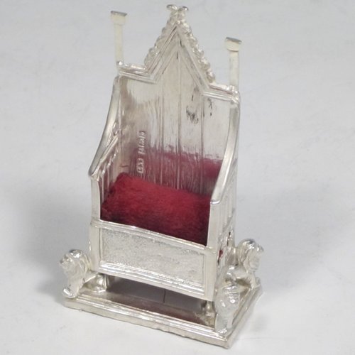 Antique Victorian sterling silver Coronation Chair pin cushion, modelled on the original King Edward I Coronation Chair at Westminster Abbey. Made by Levi & Salaman of Birmingham in 1901. Please note that this model has the original wing struts either side of the head panel, which are normally broken or missing. The dimensions of this fine hand-made silver pin cushion are height 7 cms (2.75 inches), width 4 cms (1.5 inches), depth 2 cms (0.75 inches), and it weighs approx. 33g (1 troy ounce).