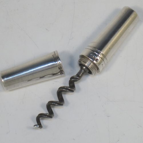 A rare Antique Victorian Sterling Silver travelling pocket or picnic collapsible corkscrew, having a very plain tapering cylindrical body and a mild steel cork-screw. Made by Saunders and Shepherd of London in 1896. The dimensions of this fine hand-made antique silver collapsible travelling picnic corkscrew are length 7.5 cms (3 inches), width 2  cms (0.5 inches), and it weighs approx. 40g (1.3 troy ounces).  