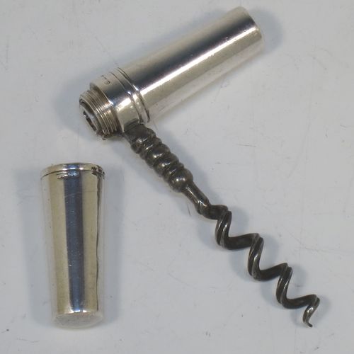 A rare Antique Victorian Sterling Silver travelling pocket or picnic collapsible corkscrew, having a very plain tapering cylindrical body and a mild steel cork-screw. Made by Saunders and Shepherd of London in 1896. The dimensions of this fine hand-made antique silver collapsible travelling picnic corkscrew are length 7.5 cms (3 inches), width 2  cms (0.5 inches), and it weighs approx. 40g (1.3 troy ounces).  