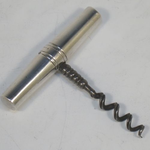 A rare Antique Victorian Sterling Silver travelling pocket or picnic collapsible corkscrew, having a very plain tapering cylindrical body and a mild steel cork-screw. Made by Saunders and Shepherd of London in 1896. The dimensions of this fine hand-made antique silver collapsible travelling picnic corkscrew are length 7.5 cms (3 inches), width 2  cms (0.5 inches), and it weighs approx. 40g (1.3 troy ounces).  