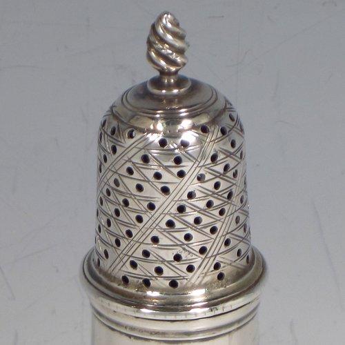 An Antique Georgian sterling silver pepper pot, having a plain round baluster body, a hand-pierced pull-off lid with flame finial, and sitting on a pedestal foot. Made by James Delmester of London in 1766. The dimensions of this fine hand-made antique silver pepper pot are height 12 cms (4.75 inches), diameter of main body 4.5 cms (1.75 inches), and it weighs approx. 63g (2 troy ounces).