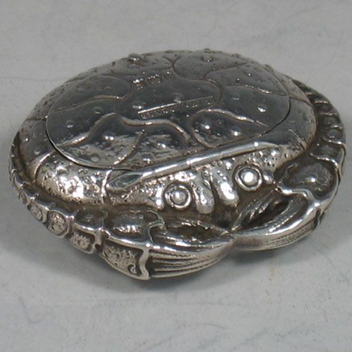    A very rare Antique Edwardian sterling silver crab shaped pillbox  made by Saunders and Shepherd of London in 1902. Length 5 cms.