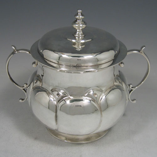 Britannia standard silver large poringer with lid, made by R.F. Fox of London in 1912. Height 19 cms, width 21 cms. Weight approx. 27 troy ounces.