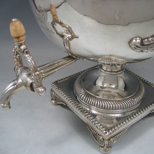 Antique Georgian Old Sheffield plated samovar made in ca. 1815. (n.b. internal heater holder missing). Height 37 cms.