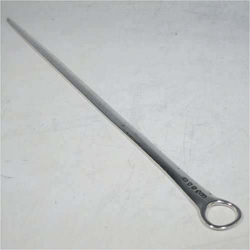 An Antique Georgian Sterling Silver meat or game bird skewer, having a very plain tapering body with ring handle. Made by William Sumner I of London in 1793. The dimensions of this fine hand-made antique silver game bird or meat skewer are length 27 cms (10.5 inches), and it weighs approx. 108g (3.5 troy ounces).   