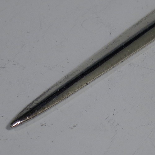 An Antique Georgian Sterling Silver meat or game bird skewer, having a very plain tapering body with ring handle. Made by Eley and Fern of London in 1802. The dimensions of this fine hand-made antique silver game bird or meat skewer are length 33 cms (13 inches), and it weighs approx. 102g (3.3 troy ounces).    