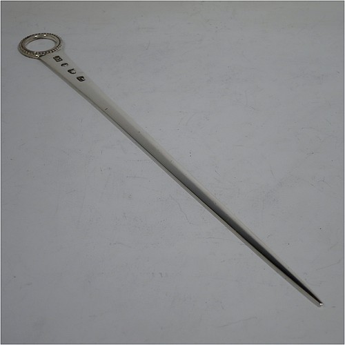 A very handsome Antique Georgian Sterling Silver meat or game bird skewer, having a very plain tapering body with a bead border ring handle. Made by Thomas Chawner of London in 1776. The dimensions of this fine hand-made antique silver game bird or meat skewer are length 27.5 cms (10.75 inches), and it weighs approx. 56g (1.8 troy ounces).   