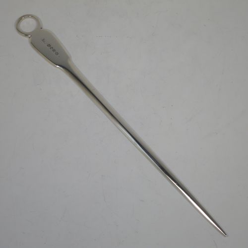 A handsome Antique Georgian Sterling Silver meat or game bird skewer in the Fiddle pattern, having a very plain tapering body with Fiddle shoulders and a ring handle. Made by William Bateman of London in 1830. The dimensions of this fine hand-made antique silver game bird or meat skewer are length 30.5 cms (12 inches), and it weighs approx. 87g (2.8 troy ounces).   