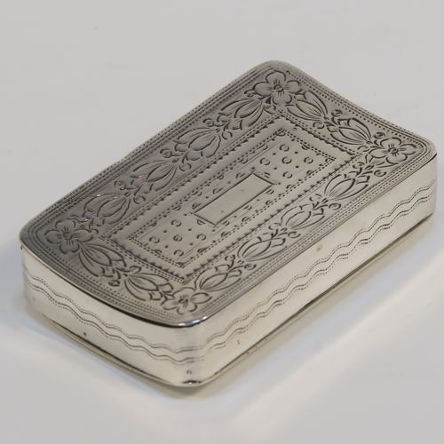 An elegant Antique Georgian Sterling Silver snuff box, having a rectangular body, with a slightly curved profile for holding in a waist-coat pocket, with hand-engraved geometrical & floral decoration, with a vacant rectangular cartouche on one side, a hinged lid and a gold-gilt interior. This beautiful antique silver snuff box was made by Joseph Willmore of Birmingham in 1826. The dimensions of this fine hand-made silver box are length 5.5 cms (2.25 inches), width 3.5 cms (1.3 inches), and it weighs approx. 27g (0.9 troy ounces).   