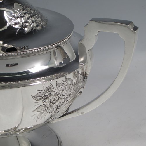 Antique Victorian silver plated soup tureen, having a pull-off lid with a cast model of a stag, with hand-chased floral decoration, applied bead-edged borders, two scroll side-handles, and all sitting on a pedestal foot. Made in ca. 1870. The dimensions of this fine hand-made silver-plated soup tureen and cover are height 33 cms (13 inches), length including handles 37 cms (14.5 inches), and width 20 cms (8 inches).   