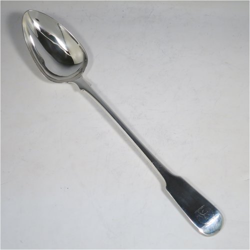 An Antique Georgian sterling silver Scottish Fiddle pattern stuffing spoon, having a very plain handle with pip on reverse, and a plain oval bowl. Made in Edinburgh in 1812. The dimensions of this fine hand-made antique silver stuffing spoon are length 31 cms (12.25 inches), and it weighs approx. 122g (4 troy ounces). Please note that this item is crested with Touch Not the Cat but a Glove for either the Mackpherson or Mackintosh clan.  