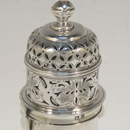 A heavy and very handsome Sterling Silver sugar caster, having a round bellied body with an applied reeded central girdle with hand-chased fluted decoration below, a hand-pierced lid with bayonet fit and cast urn-shaped finial, and sitting on a pedestal foot. Made by S. Blankensee and Sons Ltd. of Birmingham in 1929. The dimensions of this fine hand-made silver sugar caster are height 16 cms (6.3 inches), diameter of belly 6.5 cms (2.5 inches), and it weighs approx. 216g (7 troy ounces).  