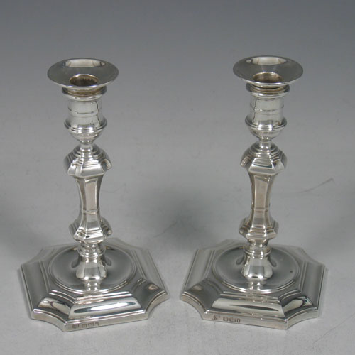 Antique Edwardian pair of sterling silver taper-sticks made by H. Eyers of Sheffield in 1901. Height 12 cms.