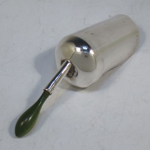 A rare and unusual Antique Georgian Sterling Silver tea caddy spoon, in a coal scuttle style with green stained bone handle. Made by Cocks and Bettridge of Birmingham in 1801. The dimensions of this fine hand-made antique silver tea caddy spoon are length 7 cms (2.75 inches), width 2 cms (0.75 inch), and it weighs approx. 7g (0.2 troy ounces).