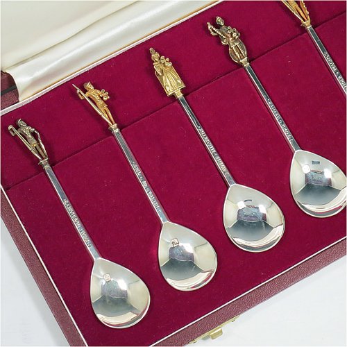 A Sterling Silver set of The Tichborne Spoons. A historic edition of the famous Elizabethan made spoons, with cast gold-gilt figural terminals, including King Arthur, Charlemagne, Guy of Warwick, Alexander the Great, Julius Caesar, Hector of Troy, King David, Joshua and Judas Maccabeus, Queen Elizabeth I, St. Peter, and Christ. All in there original white satin and maroon velvet presentation box. Made by C. J. Vander of London in 1977. The dimensions of this fine hand-made set of silver Titchborne spoons are length of each spoon 12 cms (4.75 inches), and the total weight is approx. 295g (9.5 troy ounces).