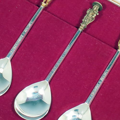 A Sterling Silver set of The Tichborne Spoons. A historic edition of the famous Elizabethan made spoons, with cast gold-gilt figural terminals, including King Arthur, Charlemagne, Guy of Warwick, Alexander the Great, Julius Caesar, Hector of Troy, King David, Joshua and Judas Maccabeus, Queen Elizabeth I, St. Peter, and Christ. All in there original white satin and maroon velvet presentation box. Made by C. J. Vander of London in 1977. The dimensions of this fine hand-made set of silver Titchborne spoons are length of each spoon 12 cms (4.75 inches), and the total weight is approx. 295g (9.5 troy ounces).